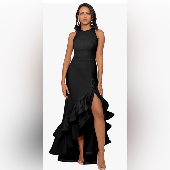 Betsy & Adam Women's Long Halter Crepe Tiered Ruffle Gown NWT Size 2 - Picture 1 of 16